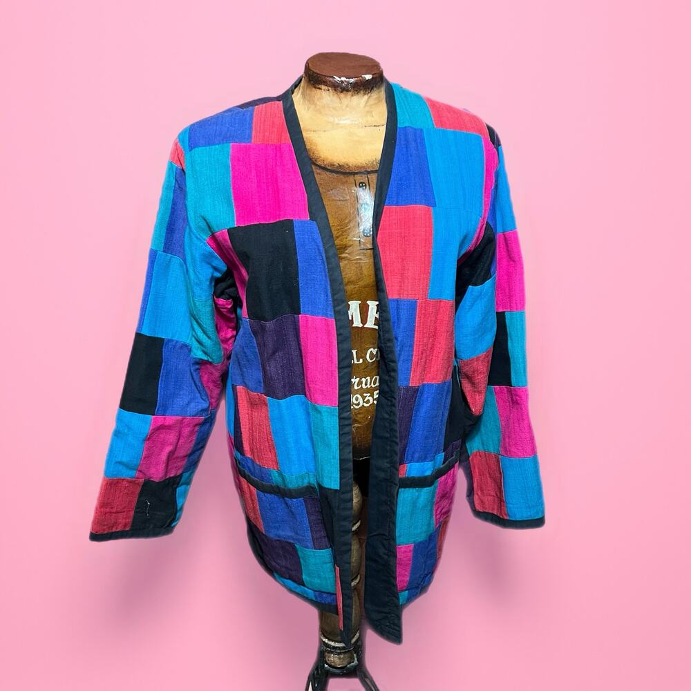 VINTAGE 80s Big Jaguar Patchwork Cardigan Size M Retro Colorblock Geometric